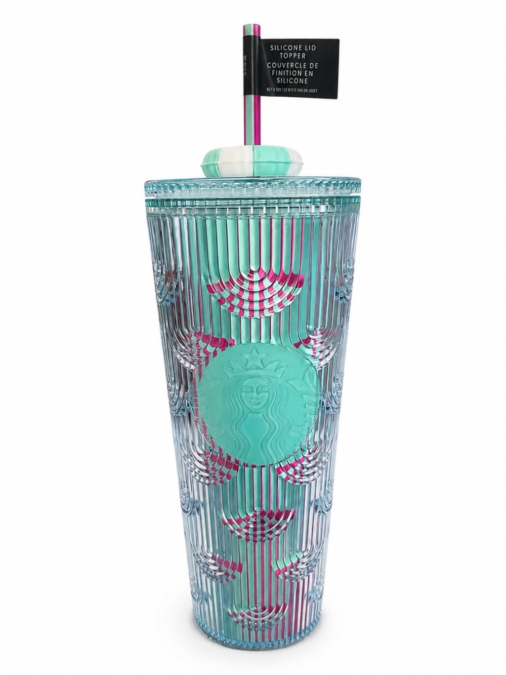 NWT Starbucks 24oz Teal Ribbed Tumbler Pink Straw & Silicone Lid Topper